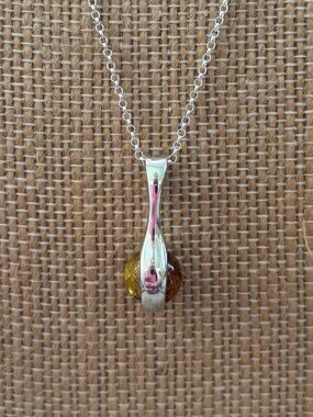 Sterling Silver Double Amber Teardrop Pendant 18” Rolo Chain Necklace